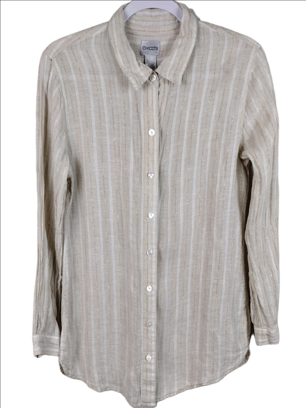 Chico's Linen Blend Natural Textured Stripe Collared Long Sleeve Button Down Top